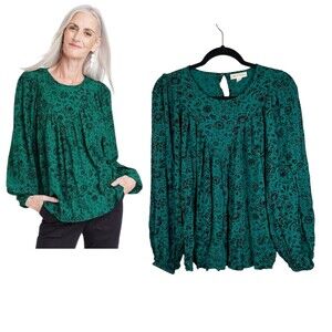 Knox Rose Forest Green Patterned Long Sleeve Flowy Blouse Size Medium